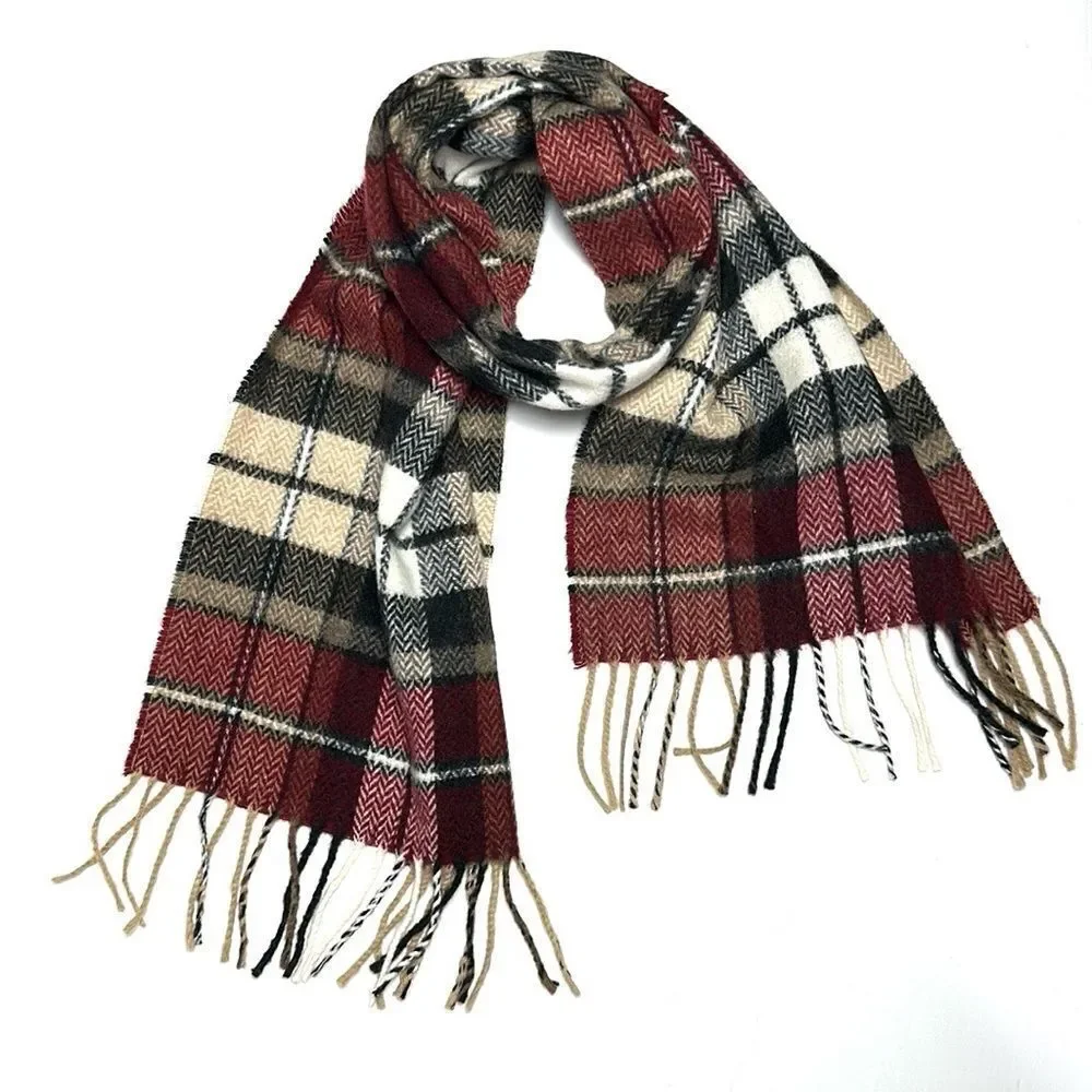 Geoffrey Beene Plaid Wool Scarf Red Gray Beige Made in Italy Vintage Unisex